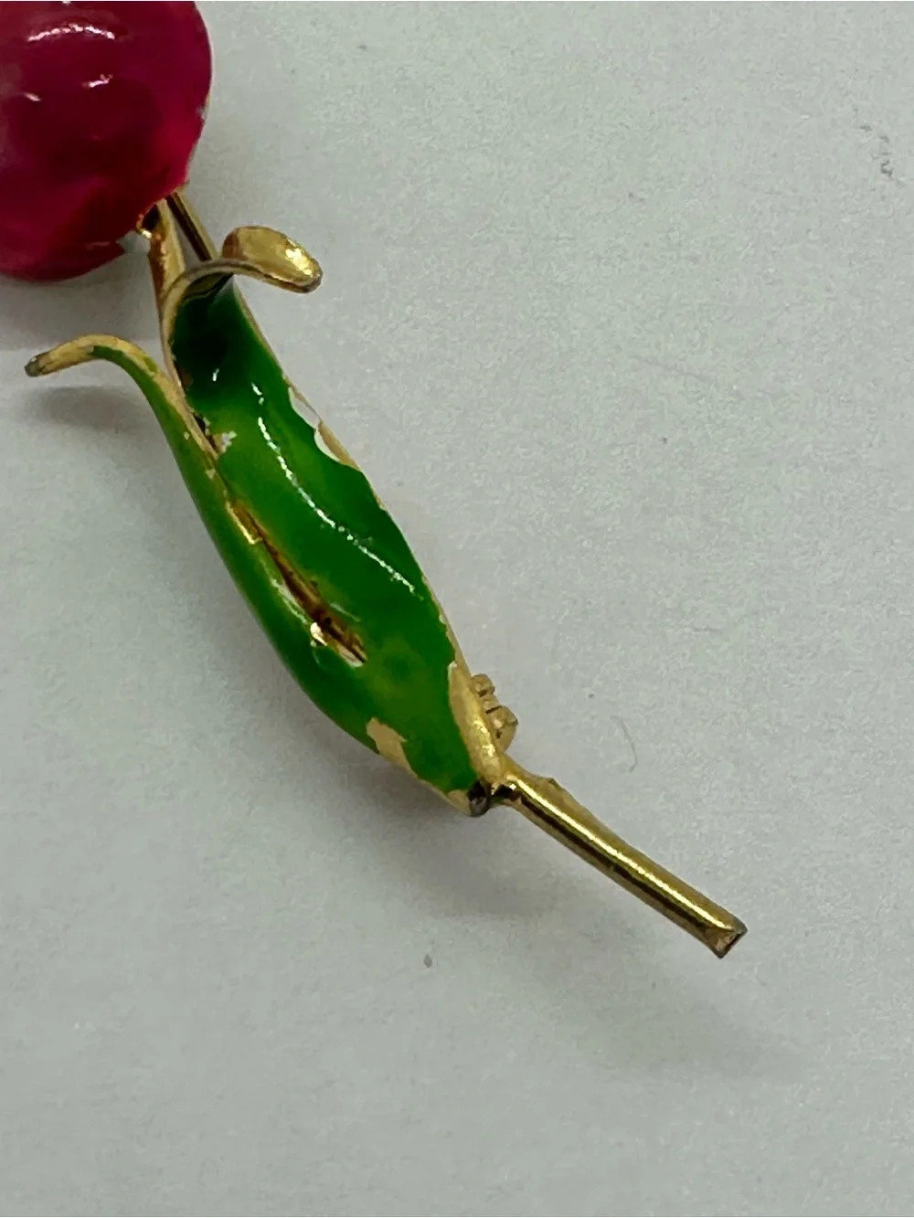 Enamel Pink and Green Rosebud Brooch with Gold-Tone Stem